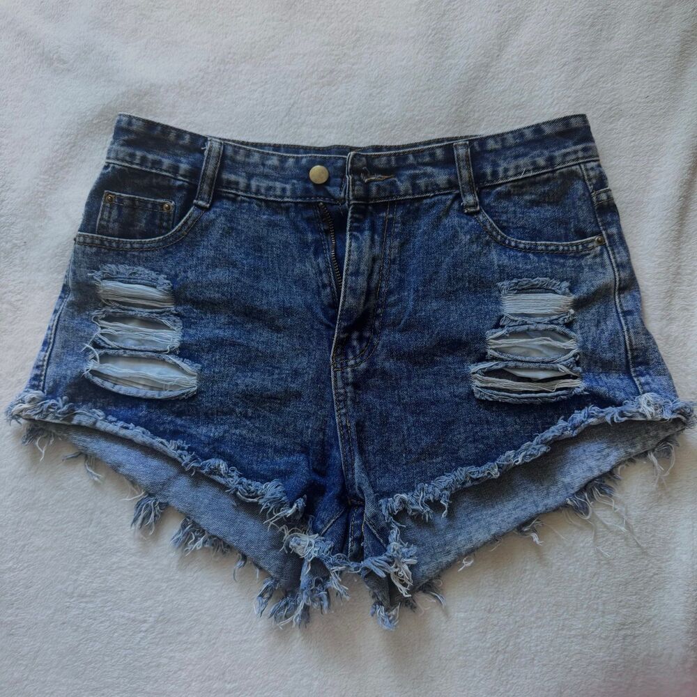 High Waisted Distressed Denim Shorts – Size Large